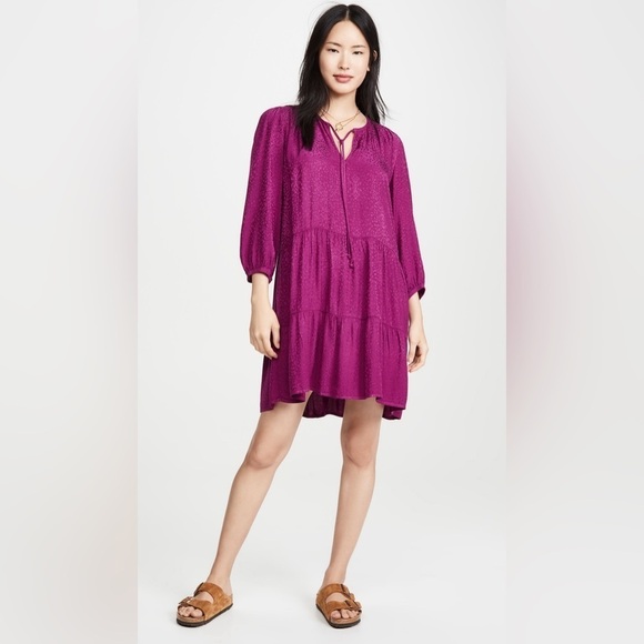 Nation LTD Liza 3/4 Sleeve Tiered Dress in Berry Cheetah Jacquard Sateen, Small - Picture 2 of 9